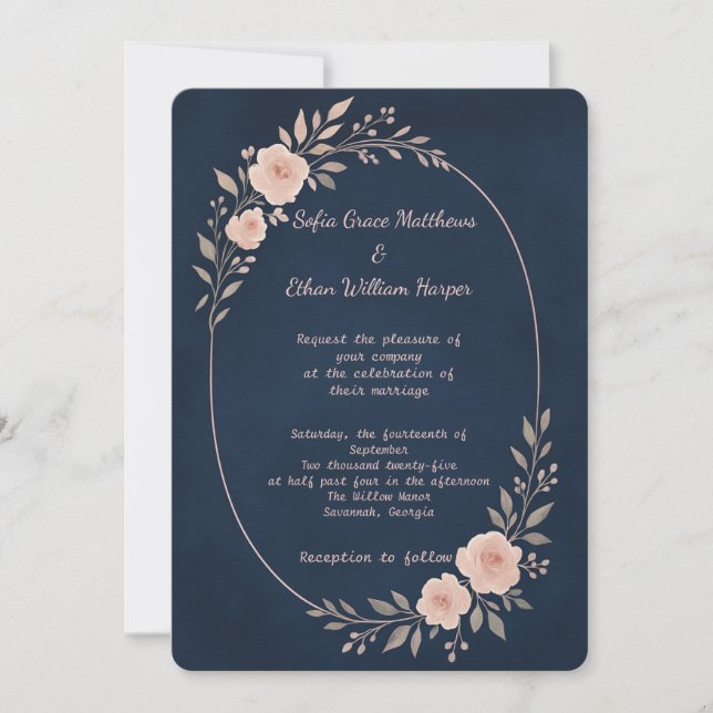 Romantic Navy Blush Botanical Frame Invitation (Front)