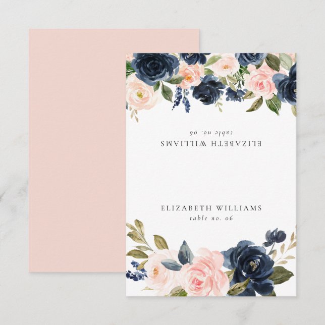 Romantic Navy Blush Floral Guest Name Place Card (Front/Back)