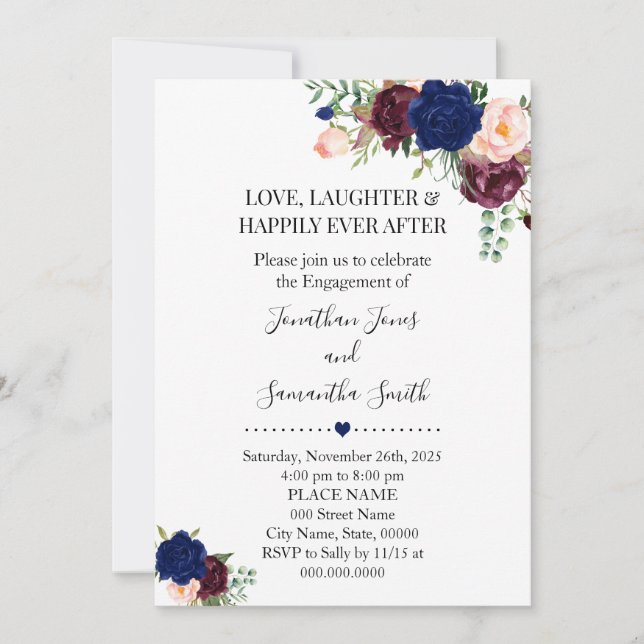 Romantic Navy Burgudy floral boho chic engagement Invitation (Front)