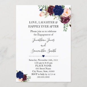 Romantic Navy Burgudy floral boho chic engagement Invitation