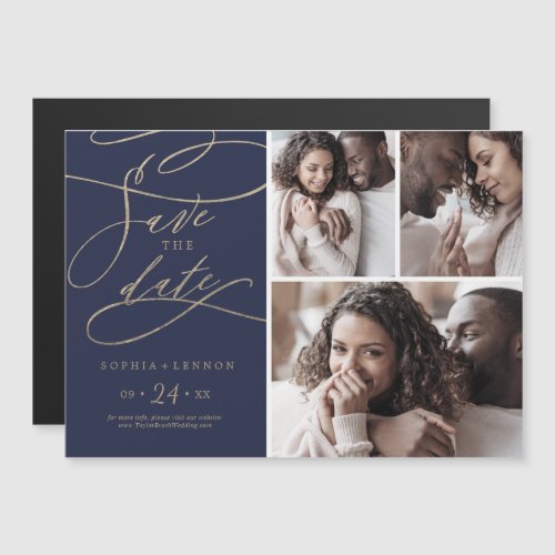 Romantic Navy Calligraphy 3 Photo Save the Date Magnetic Invitation