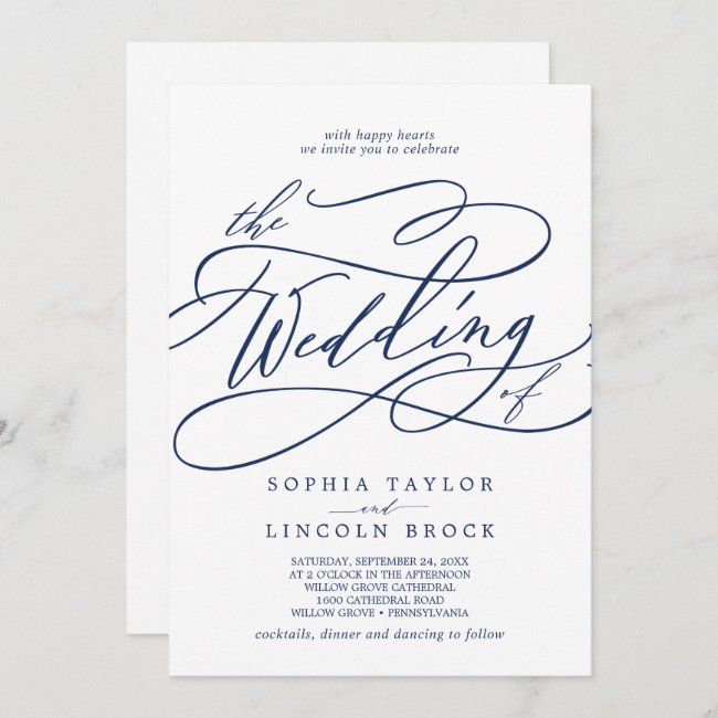 Romantic Navy Calligraphy All In One Wedding Invitation