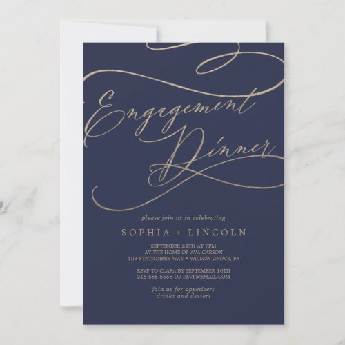 Romantic Navy Calligraphy Engagement Dinner Invitation