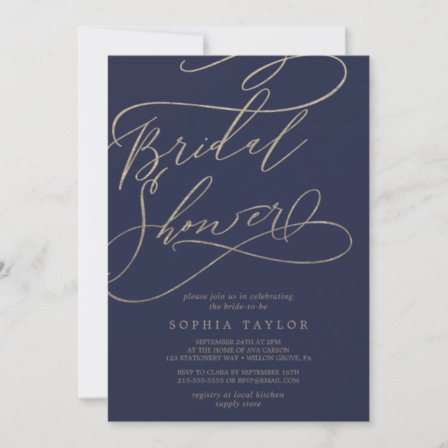 Romantic Navy Calligraphy Flourish Bridal Shower Invitation (Front)