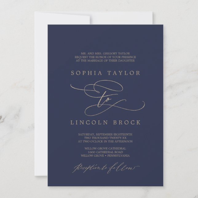 Romantic Navy Calligraphy Flourish Formal Wedding Invitation (Front)