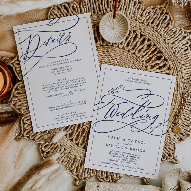 Romantic Navy Calligraphy Frame All In One Wedding Invitation (Creator Uploaded)