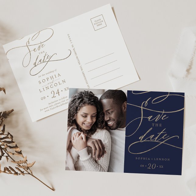 Romantic Navy Calligraphy Photo Save the Date Invitation Postcard (Creator Uploaded)