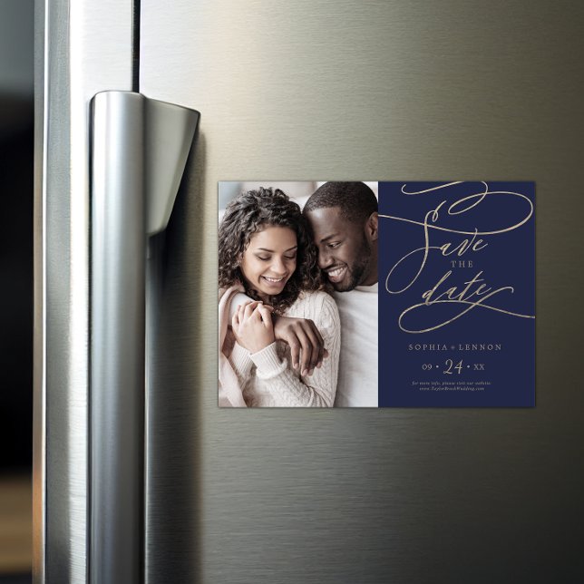 Romantic Navy Calligraphy Photo Save the Date Magnetic Invitation (Creator Uploaded)