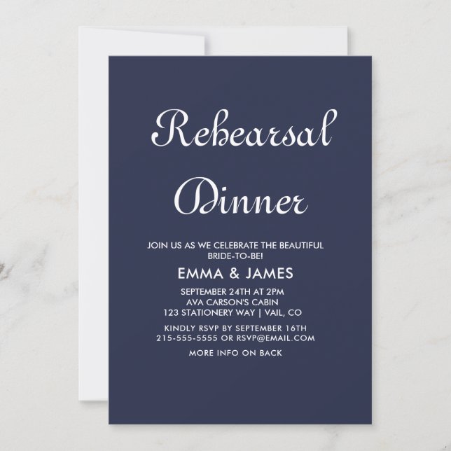 Romantic Navy Calligraphy Rehearsal Dinner  Invitation (Front)