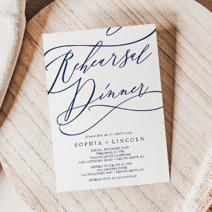 Romantic Navy Calligraphy Rehearsal Dinner Invitation