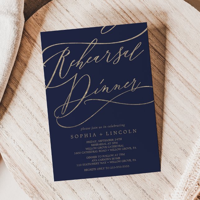 Romantic Navy Calligraphy Rehearsal Dinner Invitation (Creator Uploaded)