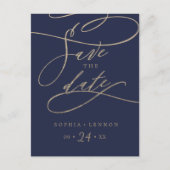Romantic Navy Calligraphy Save the Date Postcard (Front)