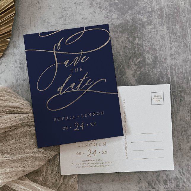 Romantic Navy Calligraphy Save the Date Postcard