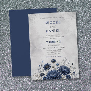 Romantic Navy Chrysanthemum Scabiosa Wedding Invitation