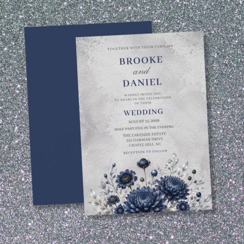 Romantic Navy Chrysanthemum Scabiosa Wedding Invitation