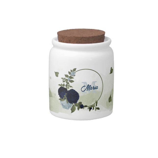 Romantic navy &dusty blue flowers greenery candy jar (Front)