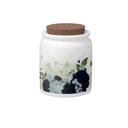 Romantic navy dusty blue flowers greenery candy jar