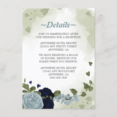 romantic navy dusty blue flowers greenery details enclosure card