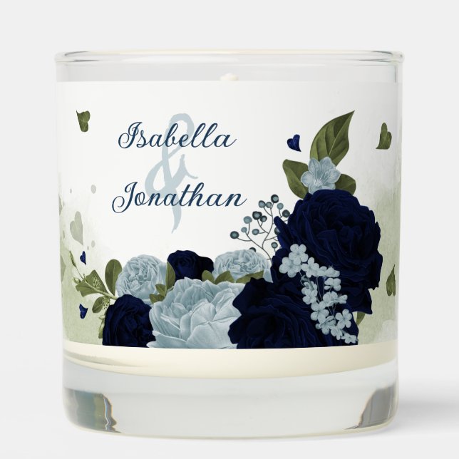 Romantic navy &dusty blue flowers greenery wedding scented candle (Front)