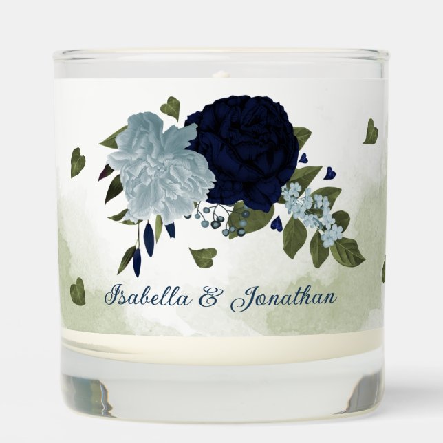 Romantic navy &dusty blue flowers greenery wedding scented candle (Front)