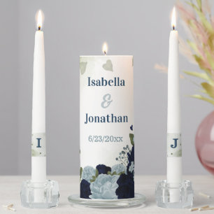 Romantic navy &dusty blue flowers greenery wedding unity candle set