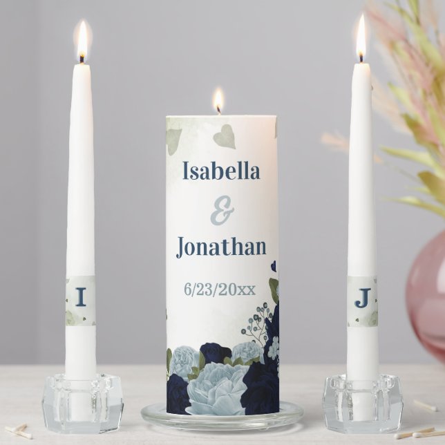 Romantic navy &dusty blue flowers greenery wedding unity candle set (In Situ)