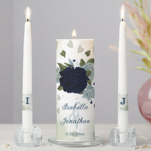 Romantic navy &dusty blue flowers greenery wedding unity candle set