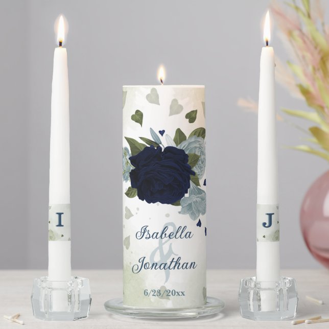 Romantic navy &dusty blue flowers greenery wedding unity candle set (In Situ)