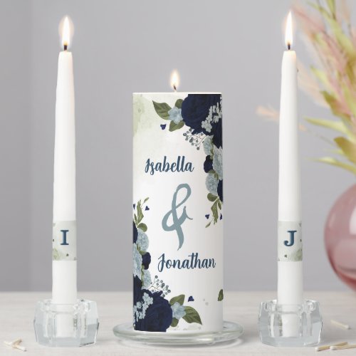 Romantic navy dusty blue flowers greenery wedding unity candle set