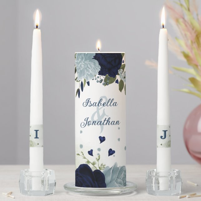 Romantic navy &dusty blue flowers greenery wedding unity candle set (In Situ)