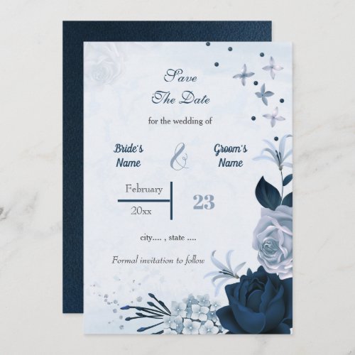 Romantic Navy  dusty blue flowers Save The Date