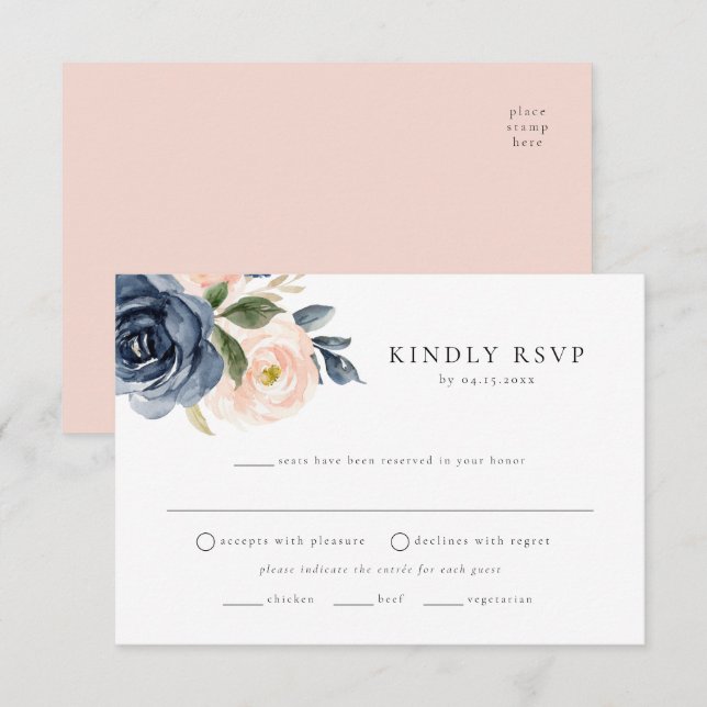 Romantic Navy Floral Meal Choice RSVP Postcard (Front/Back)