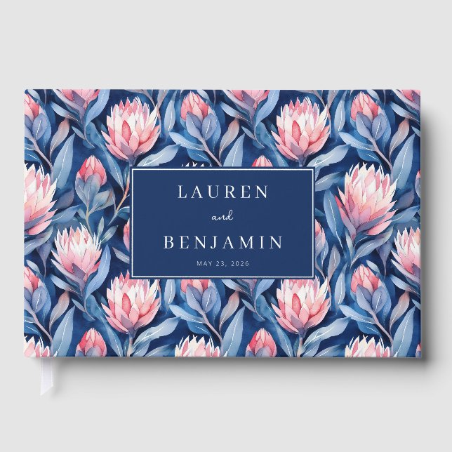 Romantic Navy Floral Protea Foil Guest Book (Front)