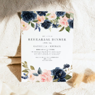 Romantic Navy Floral Wedding Rehearsal Dinner Invitation