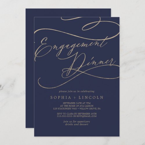 Romantic Navy Front and Back Engagement Dinner Invitation