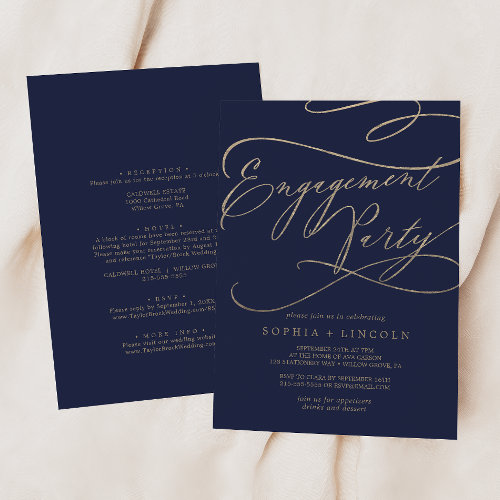 Romantic Navy Front and Back Engagement Party Invitation