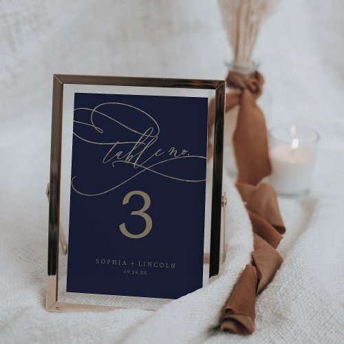 Romantic Navy Gold Calligraphy 5x7 Table Number