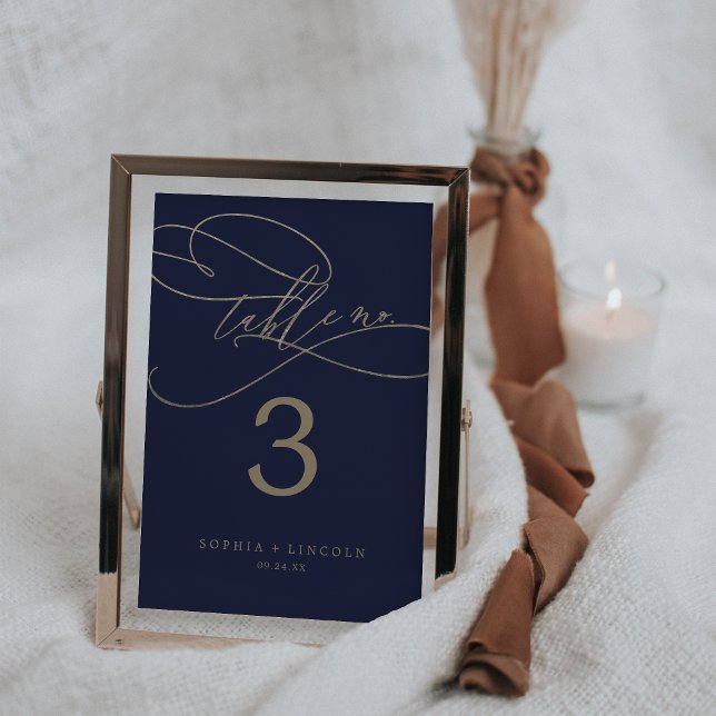 Romantic Navy Gold Calligraphy 5x7" Table Number (Creator Uploaded)