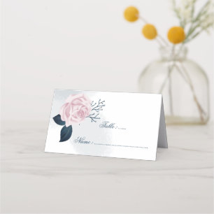 Romantic Navy leaves & pink flower Place Card