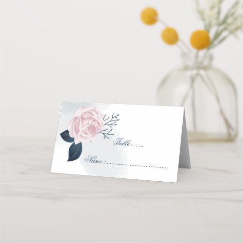 Romantic Navy leaves  pink flower Place Card