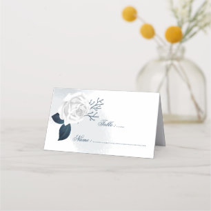 Romantic Navy leaves & white flower Place Card