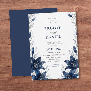Romantic Navy Lily Silver Botanical Wedding Invitation