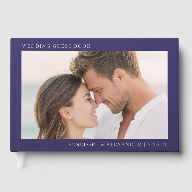 Romantic Navy Minimalist Photo Foil Guest Book (Front)