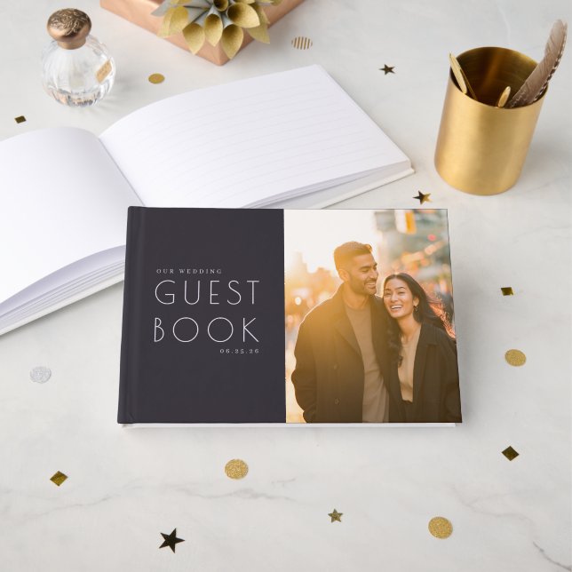 Romantic Navy Minimalist Photo Guest Book (Front Open)