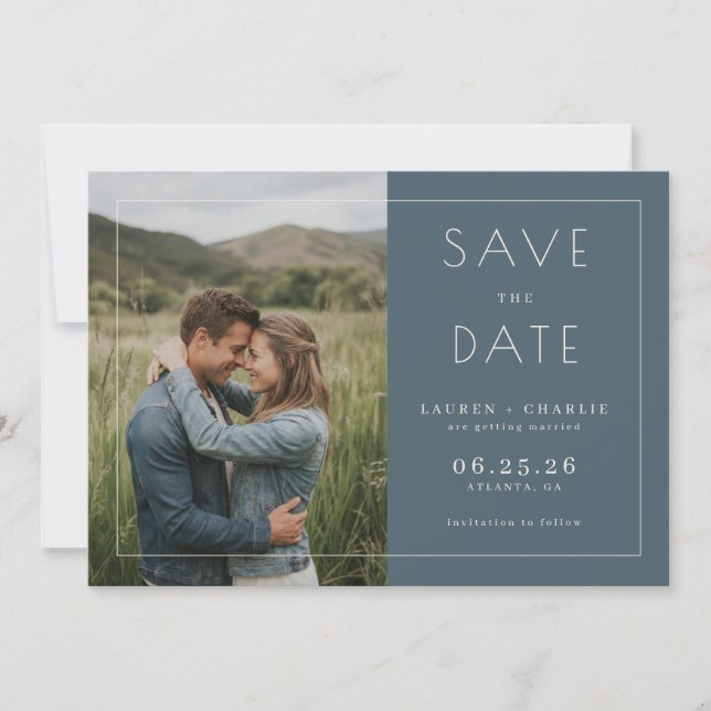 Romantic Navy Minimalist Photo Save The Date (Front)