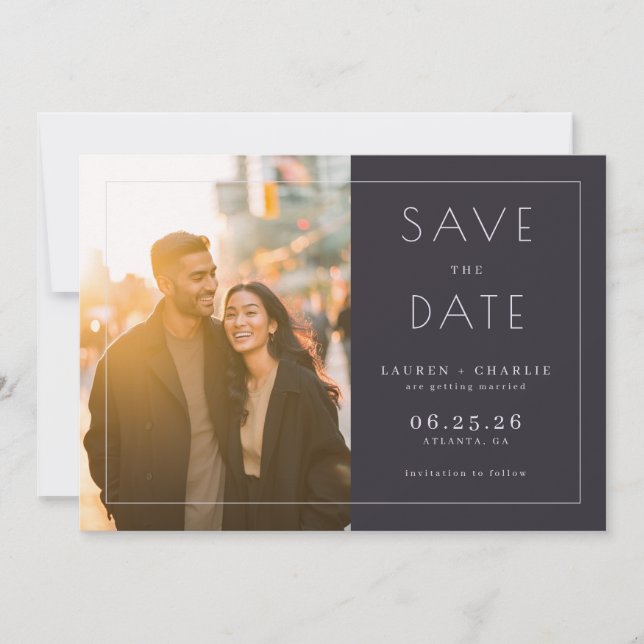 Romantic Navy Minimalist Photo Save The Date (Front)