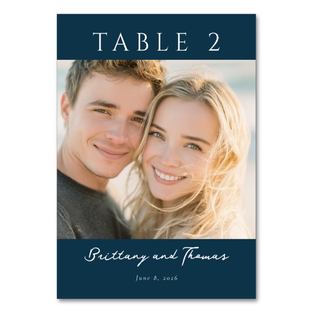 Romantic Navy Minimalist Photo Table Number (Front)