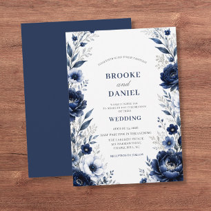 Romantic Navy Peony Silver Botanical Wedding Invitation