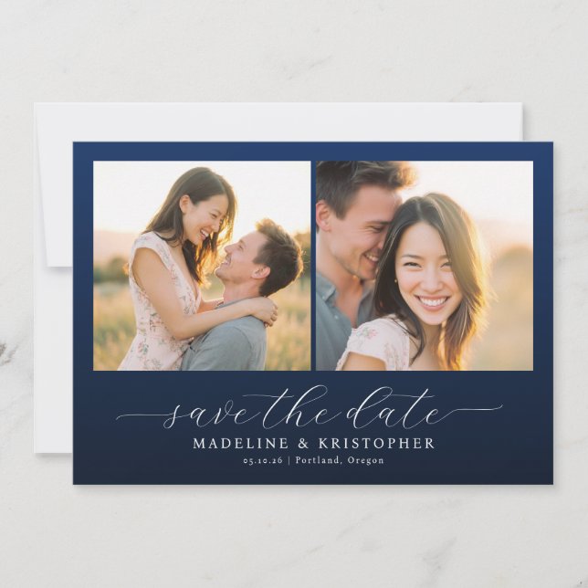 Romantic Navy Photo Collage Save The Date (Front)