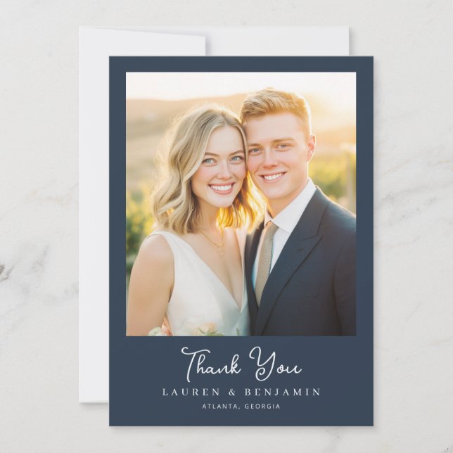 Romantic Navy Photo Thank You Card (Front)